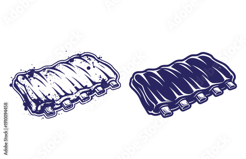 Grunge texture ribsbbqbarbecueribsmeatfoodillustration  tworibswithbonesareshownsidebyside Vintage Style