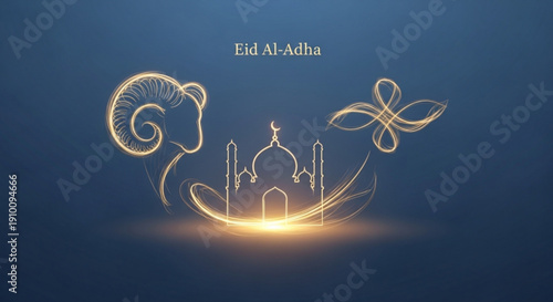 Eid al adha celebration with mosque and ram line art on blue background with glowing light