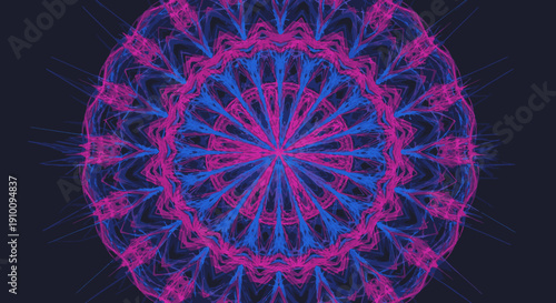 A mesmerizing digital mandala pattern featuring intricate blue and magenta lines radiating from the center on a dark background, evoking a sense of calm and complexity.