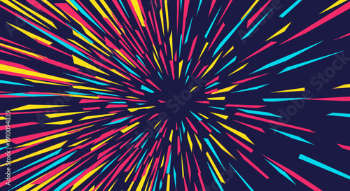 A vibrant abstract background featuring a dynamic burst of colorful lines radiating from a central point, creating a sense of energetic movement and speed.