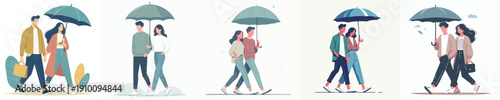 vector couple walking with umbrella together