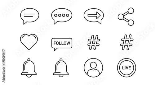 A collection of social media icons including chat bubbles, notifications, and profile symbols on a white background.