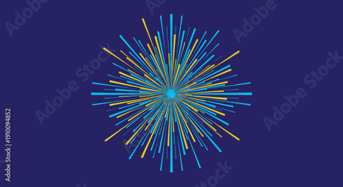 A dynamic abstract starburst design with vibrant blue and golden lines radiating from a central point on a deep indigo background, symbolizing celebration and joy.