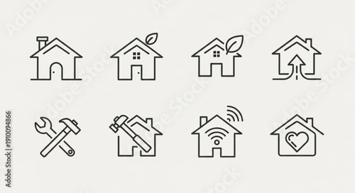 Collection of simple house icons with various symbols.