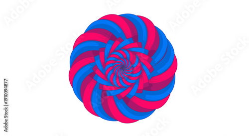 A mesmerizing abstract design showcasing a dynamic spiral of alternating bright pink and blue stripes, creating a captivating optical illusion on a pristine white backdrop.