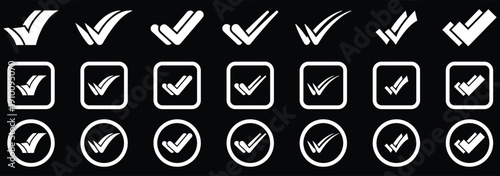 Check mark icon set with circular and square outline checkbox tick symbols. Set of simple check mark. Accept okay symbol for improvement or checklist design. Correct vote choice symbol. eps 10