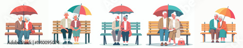 vector old couple sitting on park bench with umbrella