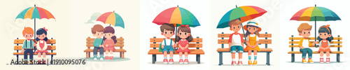 vector two children sitting on park bench with umbrella