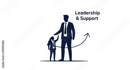 Business leader helping a smaller colleague with upward arrow.