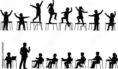 Black silhouette of a teacher with students sitting at desks and children jumping on tables celebrating school success and education