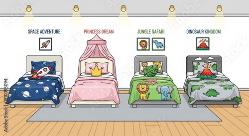 Four themed children's beds with colorful bedding and decorations in a bright room