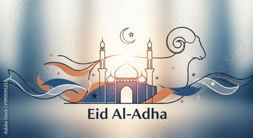 Eid al adha celebration with mosque and ram head silhouette on abstract background
