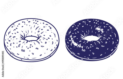 Grunge texture Two bagels one white with seeds and one dark blue with seeds side by side Vintage Style