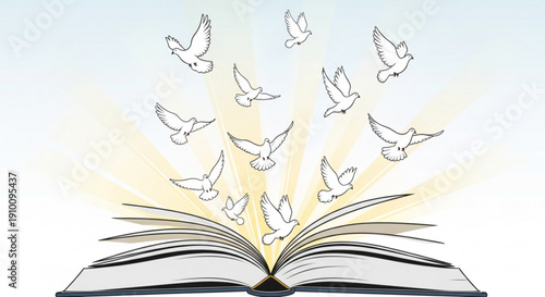 Open book with white doves flying out symbolizing freedom and knowledge against a bright background