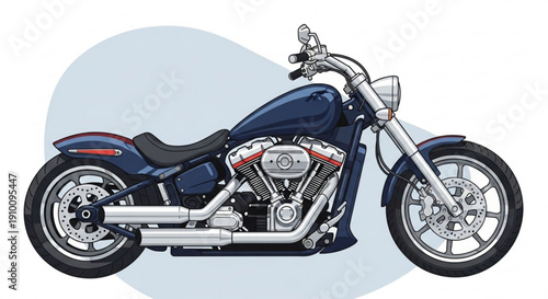 Dark blue motorcycle with chrome accents and black seat on white background with gray oval
