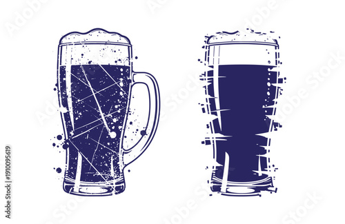 Grunge texture Two beer glasses with grunge effect and splatters on white background one full and one half full Vintage Style