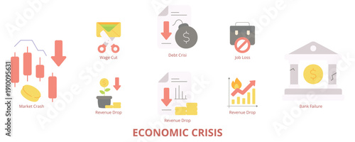 Economic Crisis Flat Banner Web Icon Set Vector Illustration