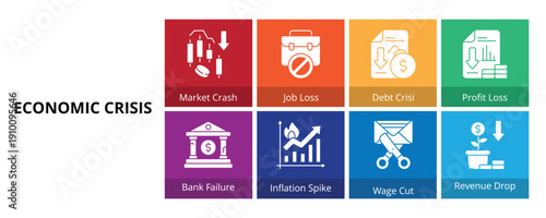 Economic Crisis Glyph Solid Banner Web Icon Set Vector Illustration