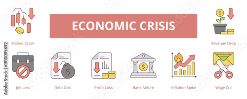 Economic Crisis Lineal Color Banner Web Icon Set Vector Illustration