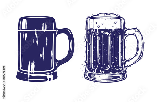 Grunge texture Two beer mugs one full and one empty with foam and bubbles on white background  beer glasses Vintage Style