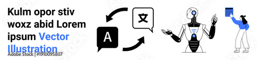Language services, AI automation, machine learning, translation tools, multilingual support, technological innovation. Robot interacting with text and person. Language services and AI automation