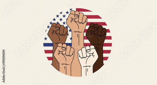 Diverse fists raised in solidarity with american flag background symbolizing unity and equality in a powerful gesture of protest and activism