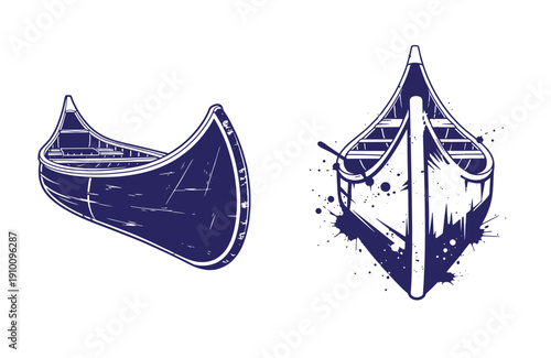 Grunge texture Two blue and white illustrations of boats with different designs on white background Vintage Style