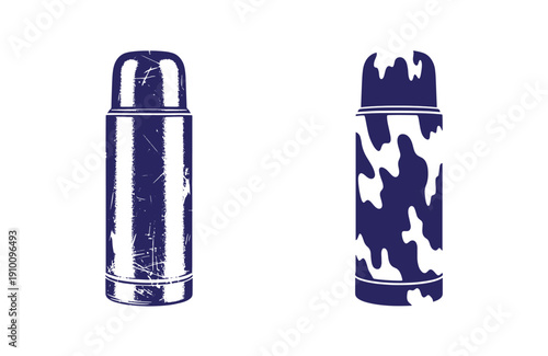 Grunge texture Two blue and white thermoses with different designs on white background  one has scratches and the other has camouflage pattern Vintage Style
