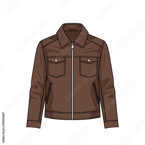 Brown Leather Jacket Illustration with Zipper and Pockets, Fashion Design