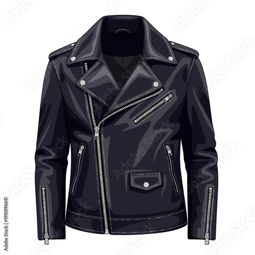 Classic Black Leather Biker Jacket with Zippers and Studs - Isolated Illustration