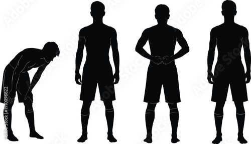 Black silhouette set of athletic men in sports gear standing and leaning in various poses isolated on a white background