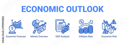 Economic Outlook web banner icon concept, with Economic Forecast, Market Overview, GDP Analysis, Inflation Rate.