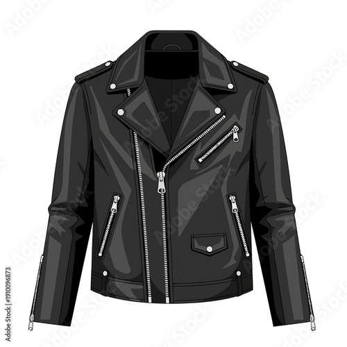 Black Leather Biker Jacket with Silver Zippers - Isolated on White