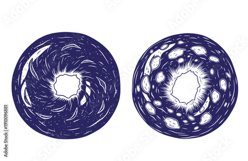 Grunge texture Two blue bagels with different toppings on white background  one plain and one with sesame seeds Vintage Style
