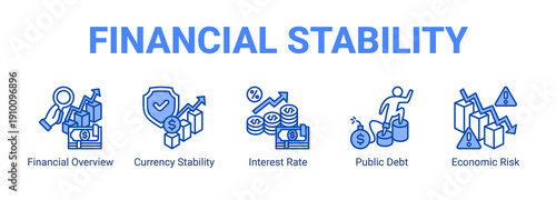 Financial Stability web banner icon concept, with Financial Overview, Currency Stability, Interest Rate, Public Debt.