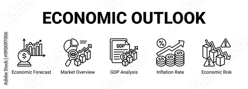 Economic Outlook web banner icon concept, with Economic Forecast, Market Overview, GDP Analysis, Inflation Rate.