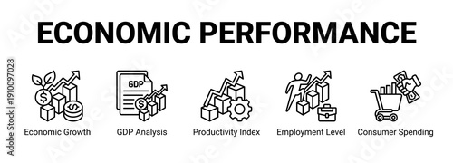 Economic Performance web banner icon concept, with Economic Growth, GDP Analysis, Productivity Index, Employment Level.