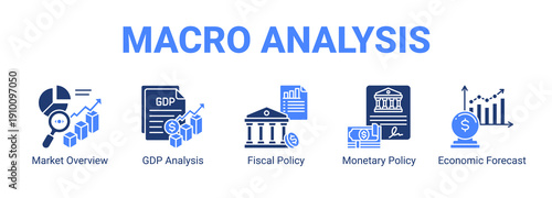 Macro Analysis web banner icon concept, with Market Overview, GDP Analysis, Fiscal Policy, Monetary Policy.