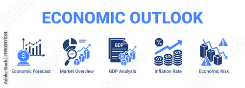 Economic Outlook web banner icon concept, with Economic Forecast, Market Overview, GDP Analysis, Inflation Rate.