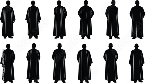 Black silhouette set of men wearing traditional Arab thobe and kandura standing in various poses isolated on a white background