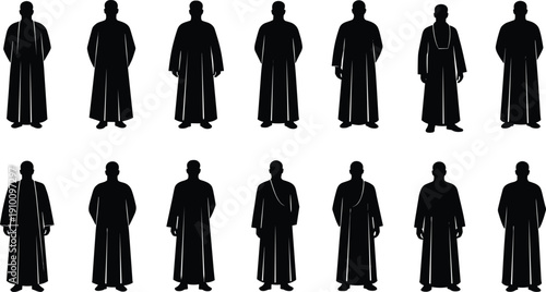 Black Silhouette Set of Men Wearing Traditional Middle Eastern Robes and Long Tunics for Cultural Diversity Religious and Ethnic Design