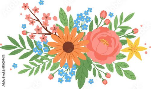 Elegant horizontal floral centerpiece with orange daisy pink peony and blue forget-me-nots in flat vector style