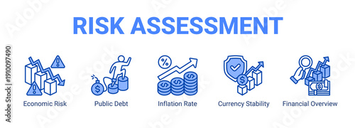 Risk Assessment web banner icon concept, with Economic Risk, Public Debt, Inflation Rate, Currency Stability.