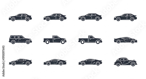 Collection of Diverse Car Silhouettes on White Background.