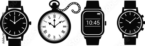 Black silhouette set of various watches including classic wristwatch vintage pocket watch and modern smartwatch isolated on a white background