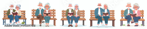 vector old couple sitting on a park bench reading a book together