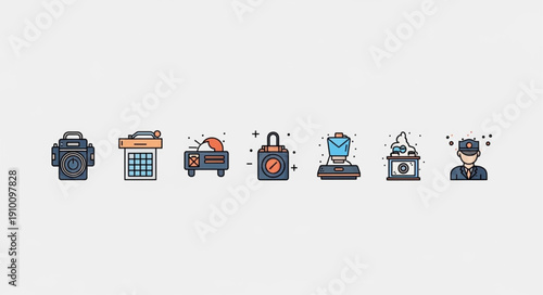 Collection of business and office icons in a row.