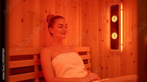 Woman Relaxing in a Red Light Therapy Sauna.