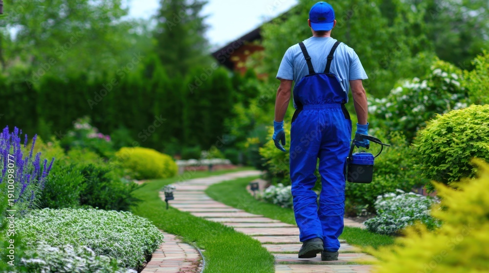 Fototapeta premium Gardener in blue overalls walks along a curved garden path bordered by lush greenery and flowers. Sunlit path