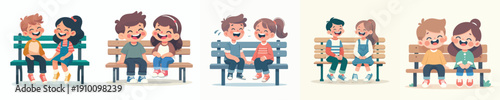 vector two children sitting on a park bench laughing together